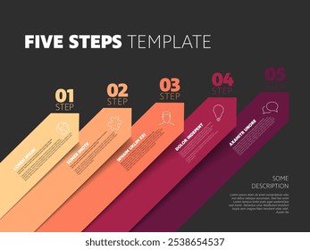 Modelo de processo infográfico de cinco etapas com ícones grandes números de setas vermelhas diagonais e descrições. Infográfico multiuso simples com cinco elementos em fundo cinza escuro