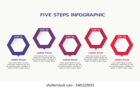 five steps infographic template with hexagons and text. color process flowchart
