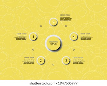 Plantilla de infografía de cinco pasos en un fondo amarillo. Visualización moderna de datos empresariales con cuadros de texto. Ilustración vectorial fácil de editar y personalizar. Eps 10