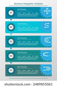 Five steps infographic template, style of cogs on banner with symbols and text frame