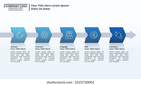 Five Steps Infographic Timeline on a 16:9 Layout for Business Presentations, Management, and Evaluation.