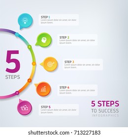 Five steps infographics - can illustrate a strategy, workflow, team work, options or way to success.