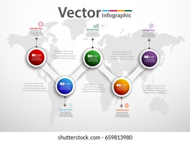 Five steps infographics with colorful circles. Vector chart, diagram, graph with steps, options, parts, processes with square elements. Vector  Eps 10