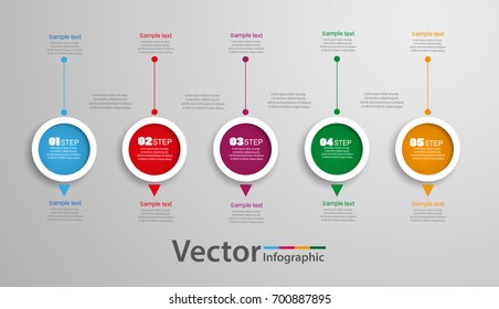 Five steps infographics with colorful circles. Can be used for workflow layout, diagram, business step options, banner, web design. Vector Eps 10