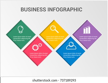 Five steps infographics with colorful squares . Vector chart, diagram, graph with steps, options, parts, processes with square elements. Can be used for workflow layout, banner, diagram,  web design