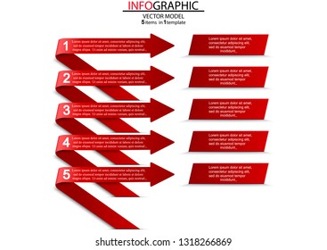 Five steps of the infographics in the form of red arrows that point to the plates.Can be used as a business,advertising,presentation,diagram,workflow layout,banner,flow chart,concepts,tables.
