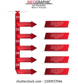 Five steps of the infographics in the form of red arrows that point to the plates.Can be used as a business,advertising,presentation,diagram,workflow layout,banner,flow chart,concepts,tables.