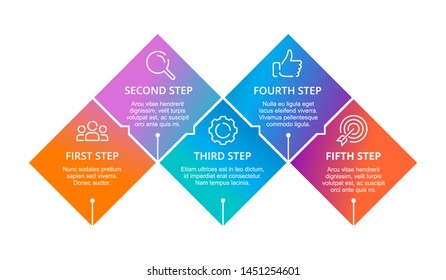 Five steps infographics template - rhombic fragments with icons of search, process, targeting and success - modern vector presentation with bright colorful elements