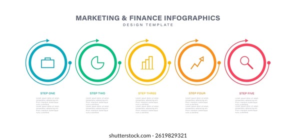 Five steps or options vector infographic template with icons and text. Infographic design for business or marketing presentations or reports