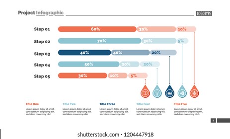 Five steps percentage chart slide template. Business data. Review, financial, design. Concept for infographic, presentation, report. Can be used for topics like marketing, banking, statistics.