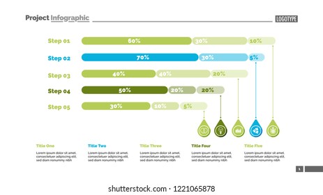 Five steps percentage chart slide template. Business data. Review, financial, design. Concept for infographic, presentation, report. Can be used for topics like marketing, banking, statistics.