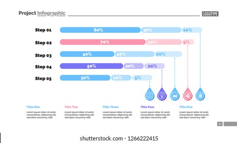 Five steps percentage chart slide template. Business data. Review, financial, design. Concept for infographic, presentation, report. Can be used for topics like marketing, banking, statistics.