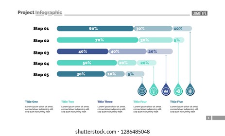 Five steps percentage chart slide template. Business data. Review, financial, design. Concept for infographic, presentation, report. Can be used for topics like marketing, banking, statistics.