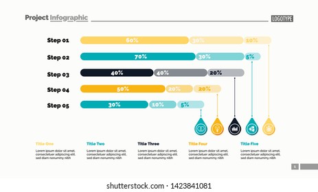 Five steps percentage chart slide template. Business data. Review, financial, design. Creative concept for infographic, presentation, report. Can be used for topics like marketing, banking, statistics