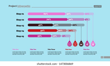 Five steps percentage chart slide template. Business data. Review, financial, design. Creative concept for infographic, presentation, report. Can be used for topics like marketing, banking, statistics