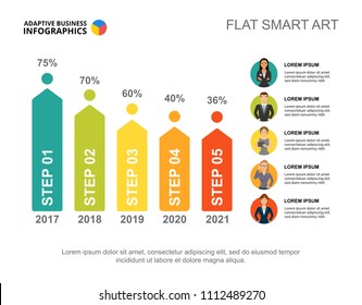 Five steps percentage chart template for presentation. Business data visualization. Timeline, teamwork, analysis or marketing creative concept for infographic, report, project layout.