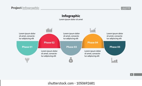 Plantilla de diapositiva del diagrama de proceso de cinco pasos. Datos comerciales. Opción, escenario, diseño. Concepto creativo para infografía, presentación, informe. Se puede utilizar para temas como administración, capacitación, trabajo en equipo.