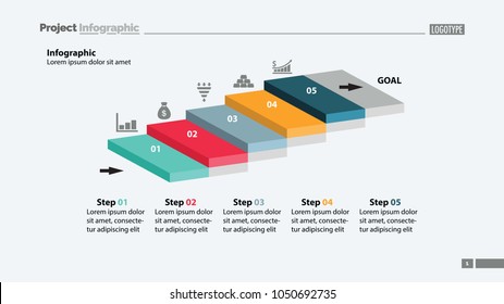Five steps process chart slide template. Business data. Startup, goal, design. Creative concept for infographic, presentation, report. Can be used for topics like marketing, planning, research.