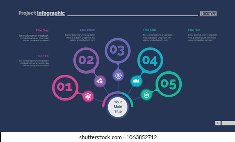 Five steps process chart slide template. Business data. Option, step, design. Creative concept for infographic, presentation, report. Can be used for topics like marketing, teamwork, research.