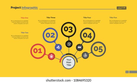 Five steps process chart slide template. Business data. Option, step, design. Creative concept for infographic, presentation, report. Can be used for topics like marketing, teamwork, research.