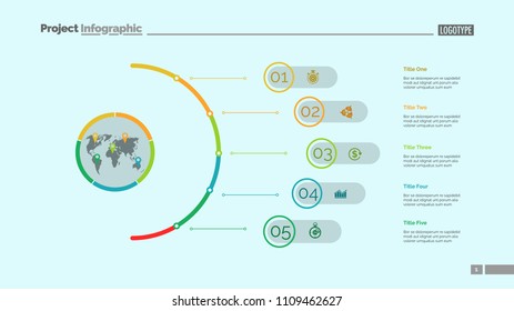 Five steps process chart slide template. Business data. Infochart, plan, design. Creative concept for infographic, presentation, report. Can be used for topics like management, training, logistics.