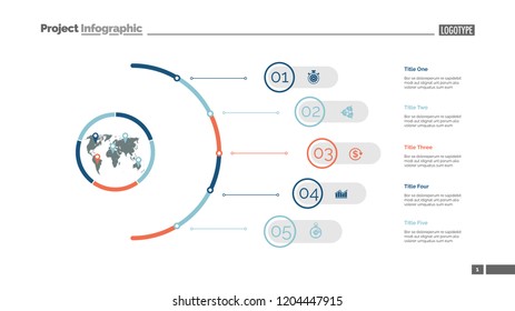 Five steps process chart slide template. Business data. Infochart, plan, design. Creative concept for infographic, presentation, report. Can be used for topics like management, training, logistics.