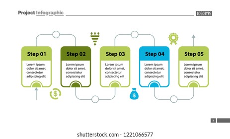 Five steps process chart slide template. Business data. Flow, diagram, design. Creative concept for infographic, presentation. Can be used for topics like management, workflow, teamwork.