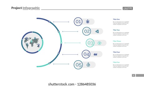 Five steps process chart slide template. Business data. Infochart, plan, design. Creative concept for infographic, presentation, report. Can be used for topics like management, training, logistics.