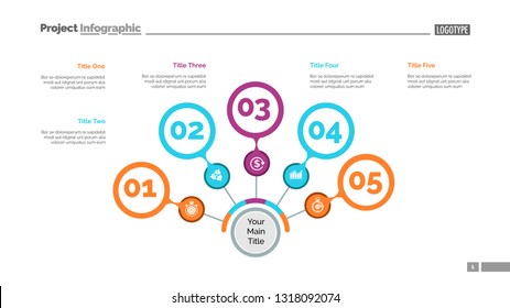 Five steps process chart slide template. Business data. Option, step, design. Creative concept for infographic, presentation, report. Can be used for topics like marketing, teamwork, research.