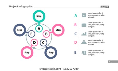 Five steps process chart slide template. Business data. Scheme, diagram, design. Creative concept for infographic, presentation. Can be used for topics like management, production, training.