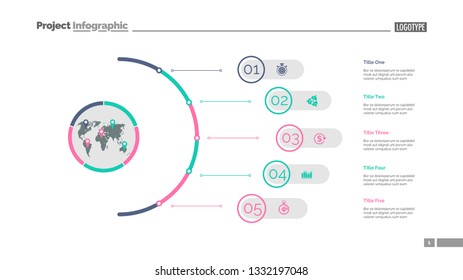 Five steps process chart slide template. Business data. Infochart, plan, design. Creative concept for infographic, presentation, report. Can be used for topics like management, training, logistics.