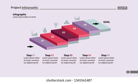 Five steps process chart slide template. Business data. Startup, goal, design. Creative concept for infographic, presentation, report. Can be used for topics like marketing, planning, research.