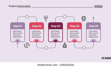 Five steps process chart slide template. Business data. Flow, diagram, design. Creative concept for infographic, presentation. Can be used for topics like management, workflow, teamwork.