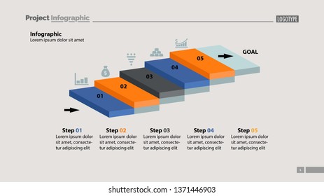 Five steps process chart slide template. Business data. Startup, goal, design. Creative concept for infographic, presentation, report. Can be used for topics like marketing, planning, research.