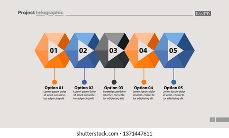 Five steps process chart slide template. Business data. Flow, diagram, design. Creative concept for infographic, presentation. Can be used for topics like marketing, marketing, production.