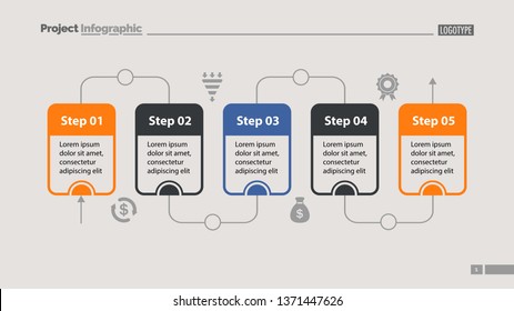 Five steps process chart slide template. Business data. Flow, diagram, design. Creative concept for infographic, presentation. Can be used for topics like management, workflow, teamwork.