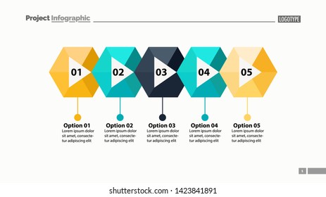 Five steps process chart slide template. Business data. Flow, diagram, design. Creative concept for infographic, presentation. Can be used for topics like marketing, marketing, production.