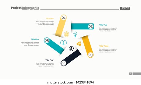 Five steps process chart slide template. Business data. Visualization, diagram, design. Creative concept for infographic, presentation. Can be used for topics like management, strategy, training.