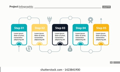 Five Steps Process Chart Slide Template. Business Data. Flow, Diagram, Design. Creative Concept For Infographic, Presentation. Can Be Used For Topics Like Management, Workflow, Teamwork.
