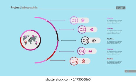 Five steps process chart slide template. Business data. Infochart, plan, design. Creative concept for infographic, presentation, report. Can be used for topics like management, training, logistics.