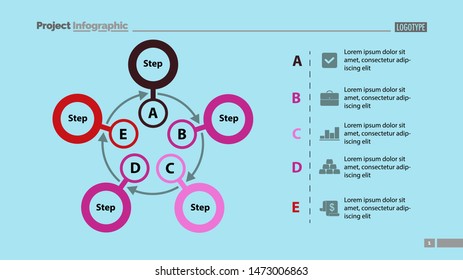 Five steps process chart slide template. Business data. Scheme, diagram, design. Creative concept for infographic, presentation. Can be used for topics like management, production, training.