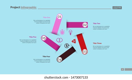 Five steps process chart slide template. Business data. Visualization, diagram, design. Creative concept for infographic, presentation. Can be used for topics like management, strategy, training.