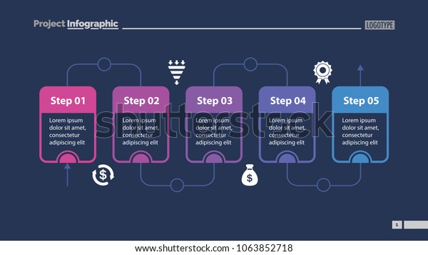 5つのステップでグラフのスライドテンプレートを処理します ビジネスデータ フロー 図 デザイン インフォグラフィック プレゼンテーションのクリエイティブコンセプト 管理 ワークフロー チームワークなどのトピックに使用できます のベクター画像素材