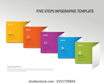 Five steps process description on folded rainbow color paper infographic template. Multipurpose infochart with five content blocks.