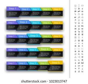 Five steps progress bar in rainbow colour header. Suitable for moving infographic.
