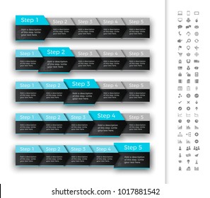 Five steps progress bar with turquoise header. Suitable for moving infographic.