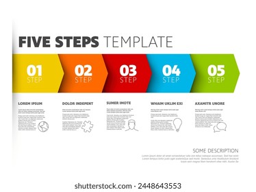 Five steps progress procedure infochart template with descriptions icons titles and big numbers. Simple inographic describing some process with five steps