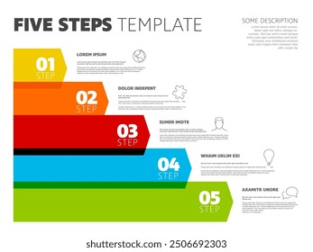 Five steps progress procedure infochart template with descriptions icons titles and big numbers on semi transparent arrows. Simple inographic describing some process with five steps