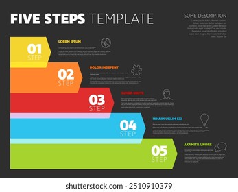 Five steps progress procedure infochart template with descriptions icons titles and big numbers on semi transparent arrows. Simple dark inographic describing some process with five steps