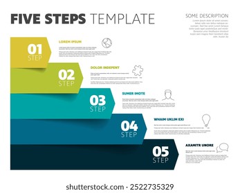 Cinco pasos de progreso procedimiento infochart Plantilla con descripciones iconos títulos y números grandes en flechas azules y verdes. Infografía simple que describe algún proceso con cinco pasos